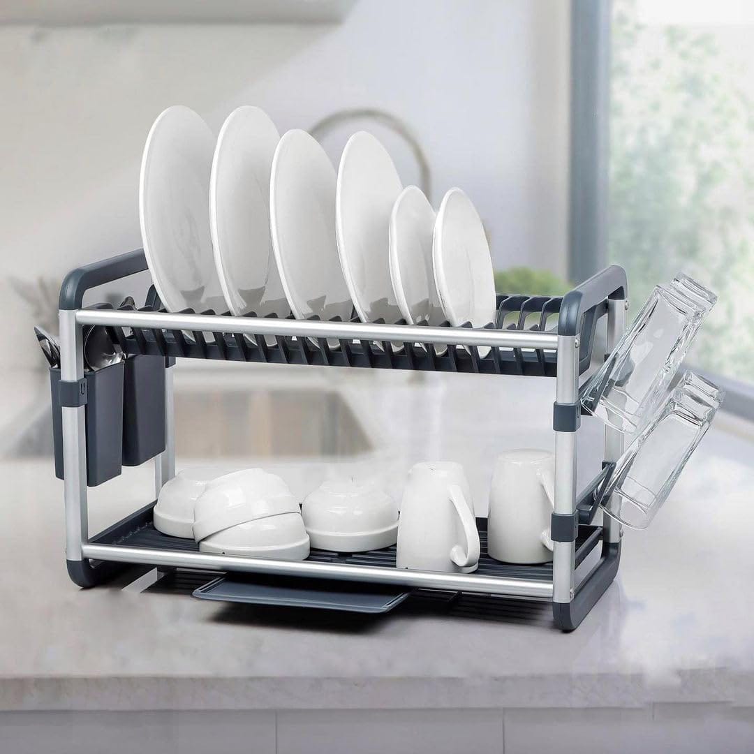 ✨ 2 Tier Stainless Steel & Plastic Dish Rack – Durable Kitchen Drainer with Removable Tray & Cutlery Holder