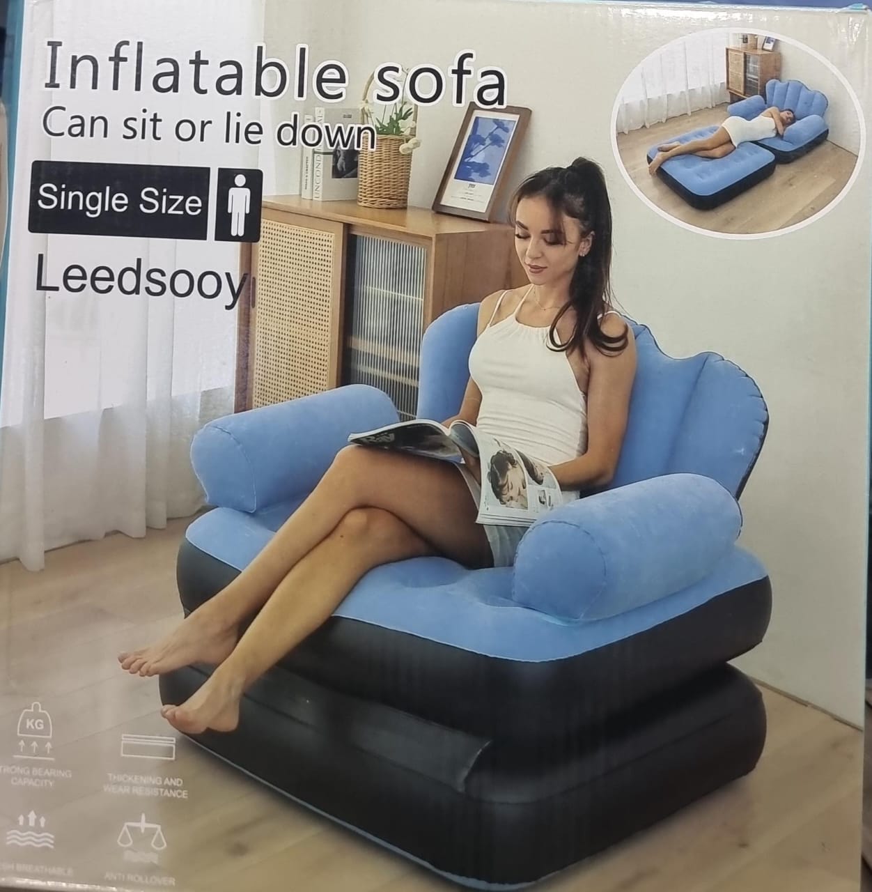 INFLATABLE SOFA or BED 2 IN 1 Size 100 x 98 x 90 cm sofa or 198 x 98 x 70 cm bed ---- with arm rest and manual pump