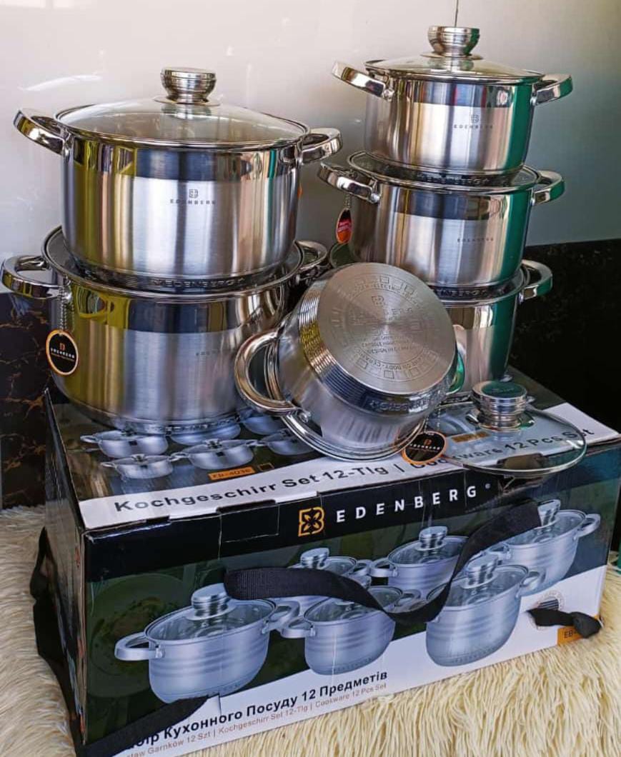 [ 🤑🥑GRAB IT AT LOW PRICE+ ADDED OFFERS **🥑🌽 ] 12 Pcs classy brand new very high quality stylish and luxurious kitchen Edenberg stainless Cookware. That makes you cook like a Pro🤩