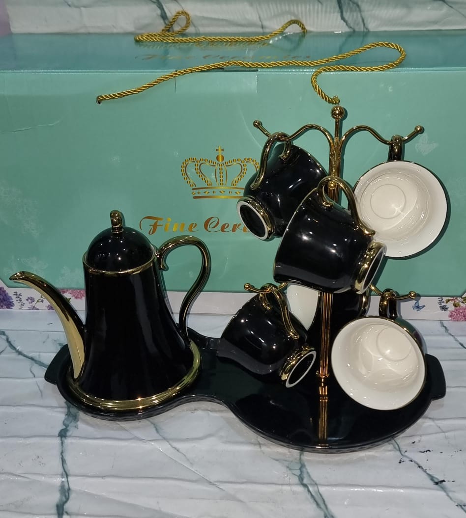 🥇 TOP OFFER 🥇  - NEW ARRIVALFine ceramic 9pc tea set with cup stand 6 cups kettle and 8 shaped tray