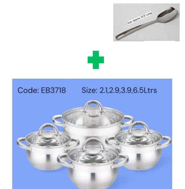 [🔥SPECIAL LIMITED OFFER🔥] 8Pcs Brand New Very Quality Durable & Stylish Edenberg Stainless Steel Cookware.✅ Sizes: 2.1L, 2.9L, 3.9L, 6.5L..That Comes with a Free 3Pcs of Serving Spoons