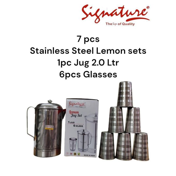[🔥 AMAZING LIMITED OFFER JUST FOR YOU 🤩🤩✨ !!! ] 7Pcs Brand New Very Quality Durable & Stylish Signature Steel Lemon Set 📌 1 Jug – 2 Litres📌 6 Glasses – 320ml.✔ Ideal for juice, lemonade, water