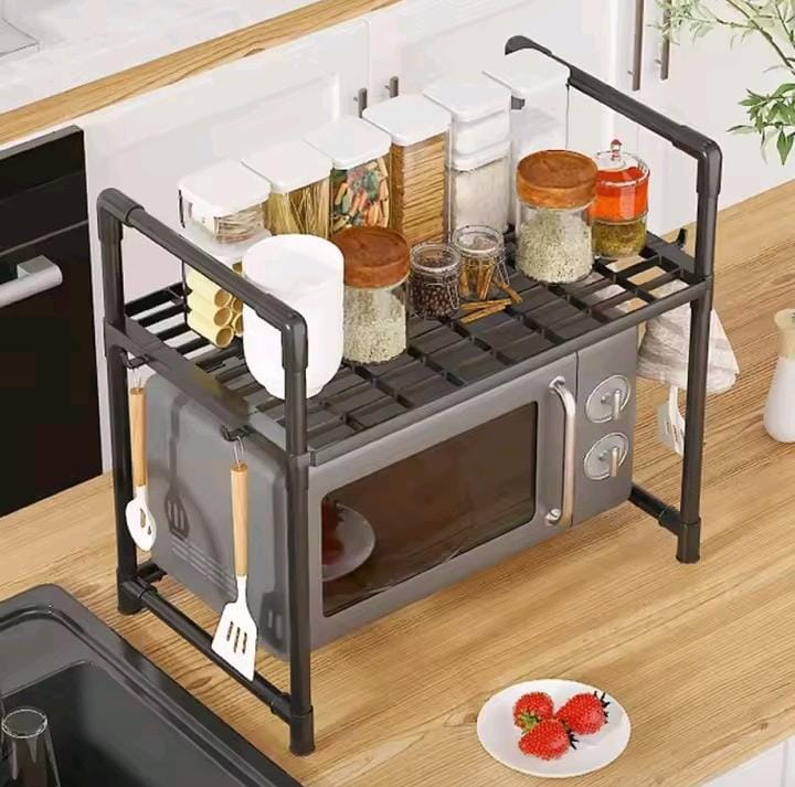 🎯🎯 SMART BUY 🎯🎯 - 1pc Double Layer Metallic Microwave Organizer, Black & White, Space-Saving, Durable, Easy to Clean, 2-Tier Storage 🔥🔥