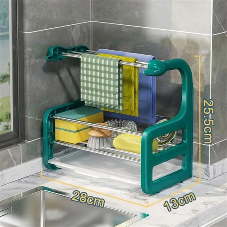 Duck shape sink top organizer rack has wall adhesive sticker option