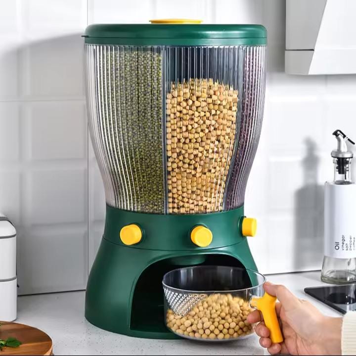 Partitioned rotating cereal material : acrylic with press buttons

Colours: GREEN 

capacity: 10kgs

partition capacity:2*2*2*4kgs