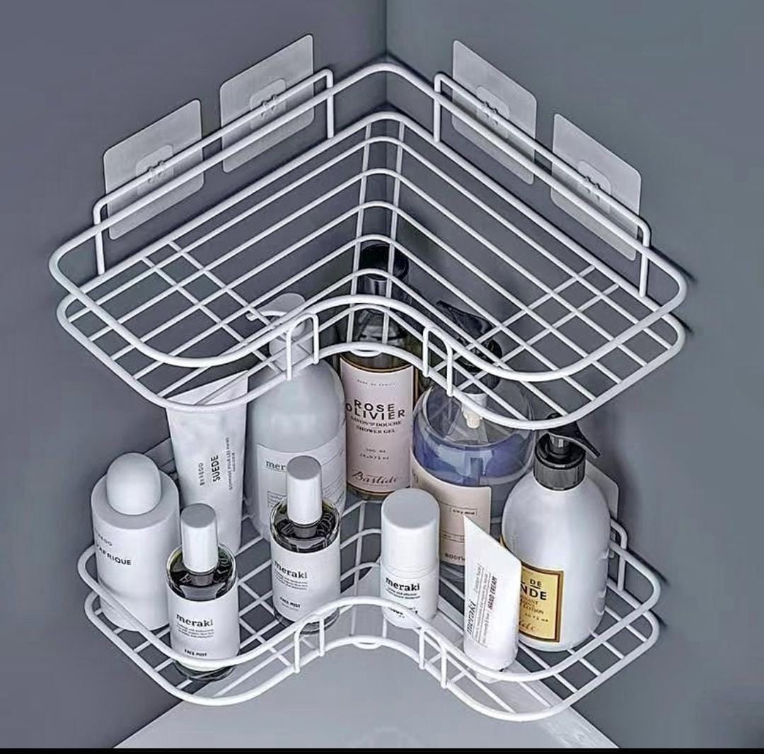 Metallic corner triangular bathroom/kitchen organizer*
WITH 2 ADHESIVE STICKER,EACH STICKER HAS DOUBLE HOOKS)*