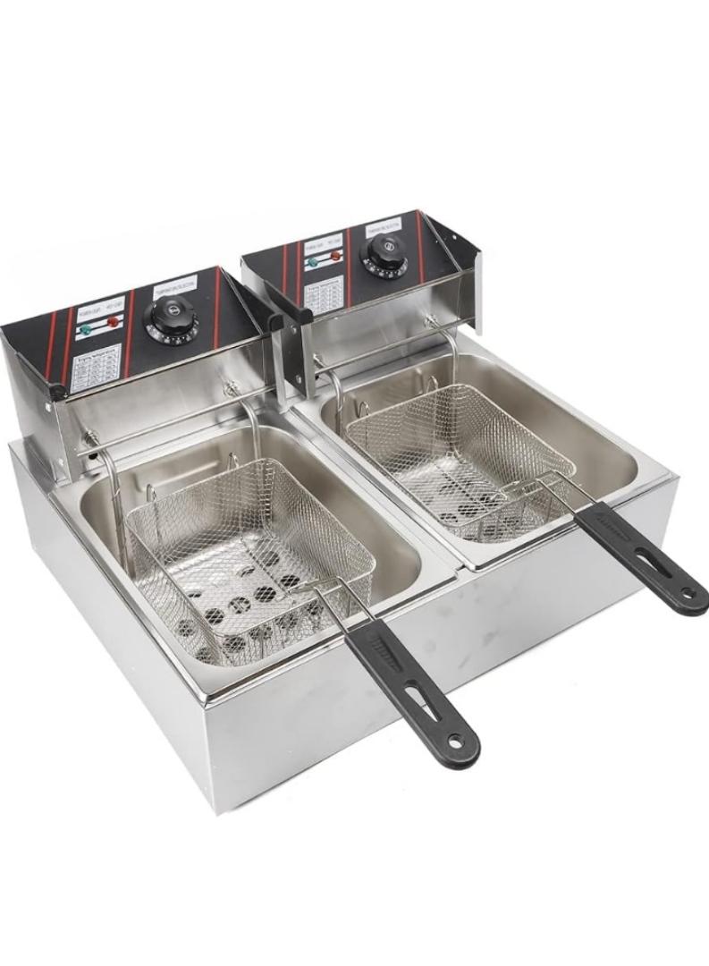 Stainless Steel Deep Fryer, Double Fryer, 2 x 6 Litres, Adjustable Temperature, Enamelled Container, Lid, 2500 W, Temperature Range: 50-200 °C