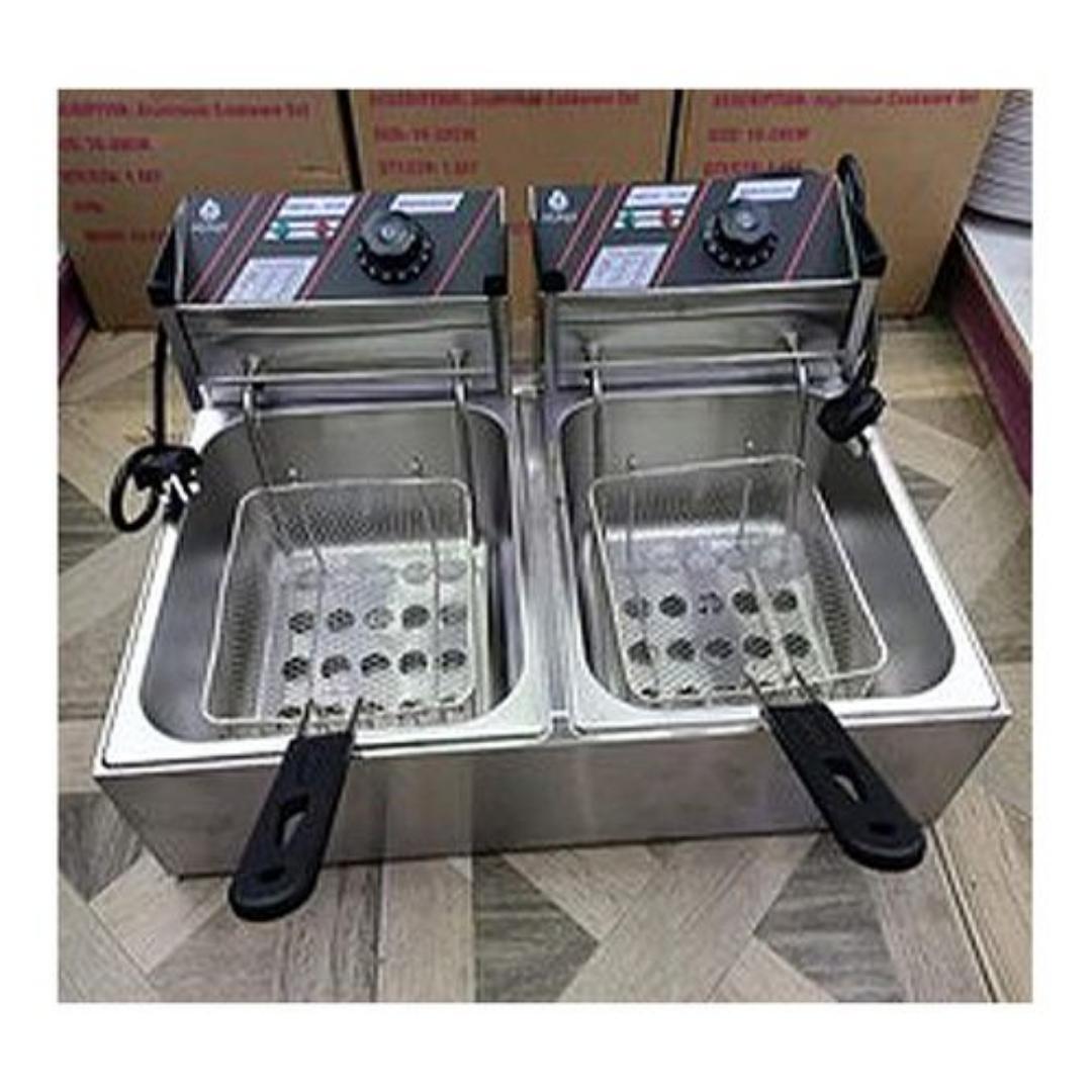 Stainless Steel Deep Fryer, Double Fryer, 2 x 6 Litres, Adjustable Temperature, Enamelled Container, Lid, 2500 W, Temperature Range: 50-200 °C
