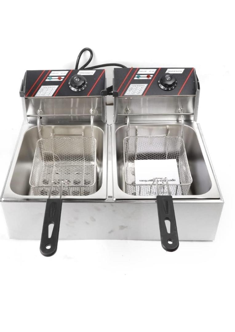 Stainless Steel Deep Fryer, Double Fryer, 2 x 6 Litres, Adjustable Temperature, Enamelled Container, Lid, 2500 W, Temperature Range: 50-200 °C