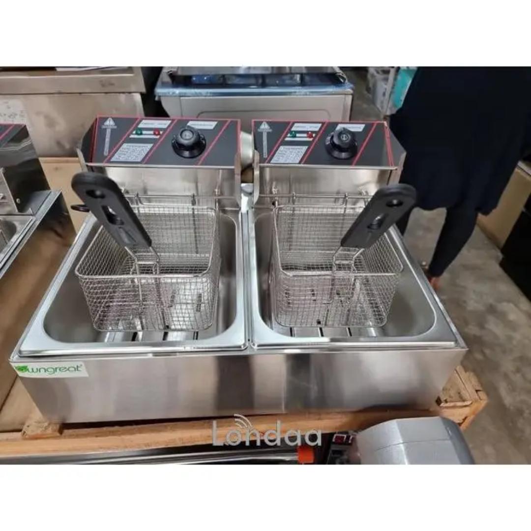 Stainless Steel Deep Fryer, Double Fryer, 2 x 6 Litres, Adjustable Temperature, Enamelled Container, Lid, 2500 W, Temperature Range: 50-200 °C