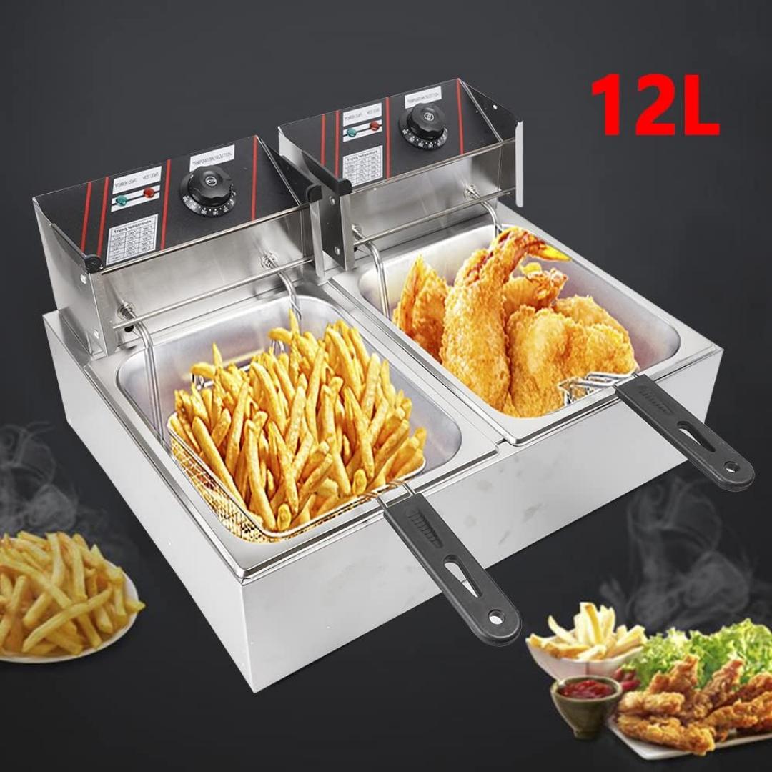 Stainless Steel Deep Fryer, Double Fryer, 2 x 6 Litres, Adjustable Temperature, Enamelled Container, Lid, 2500 W, Temperature Range: 50-200 °C