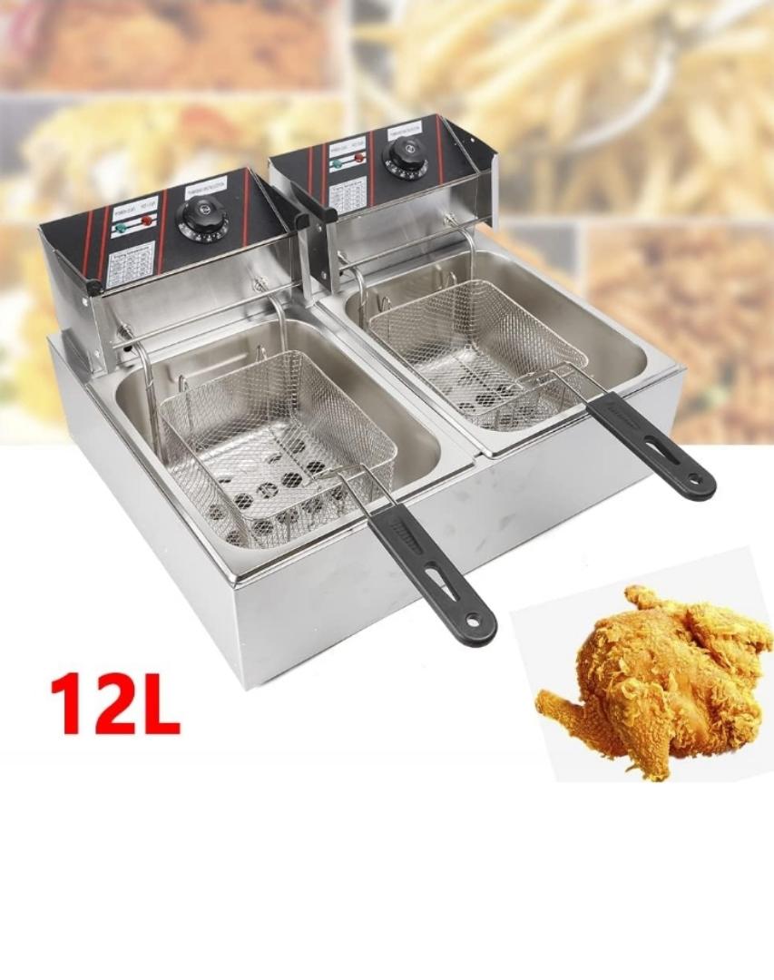 Stainless Steel Deep Fryer, Double Fryer, 2 x 6 Litres, Adjustable Temperature, Enamelled Container, Lid, 2500 W, Temperature Range: 50-200 °C