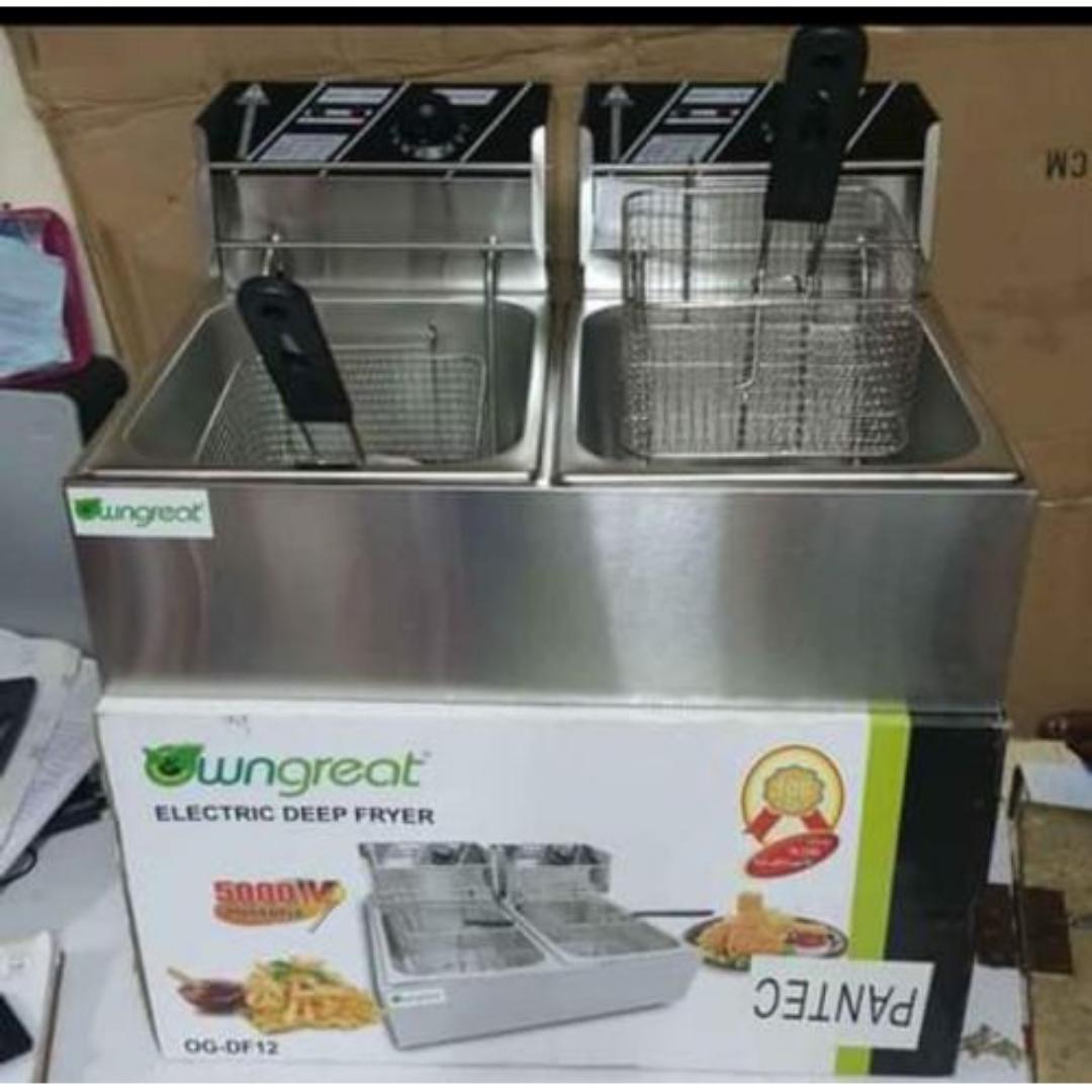 Stainless Steel Deep Fryer, Double Fryer, 2 x 6 Litres, Adjustable Temperature, Enamelled Container, Lid, 2500 W, Temperature Range: 50-200 °C