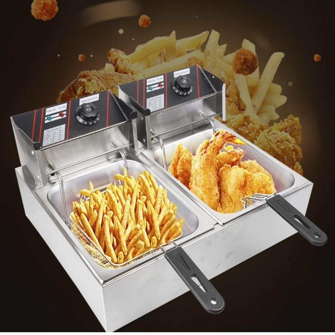Stainless Steel Deep Fryer, Double Fryer, 2 x 6 Litres, Adjustable Temperature, Enamelled Container, Lid, 2500 W, Temperature Range: 50-200 °C