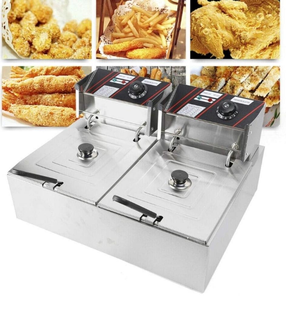 Stainless Steel Deep Fryer, Double Fryer, 2 x 6 Litres, Adjustable Temperature, Enamelled Container, Lid, 2500 W, Temperature Range: 50-200 °C