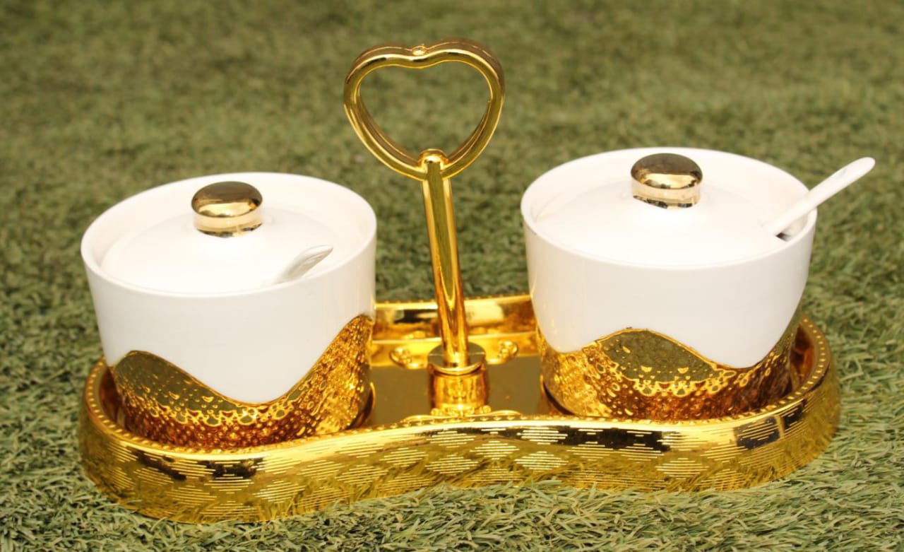 Set of 2 pcs glass sugar dish golden