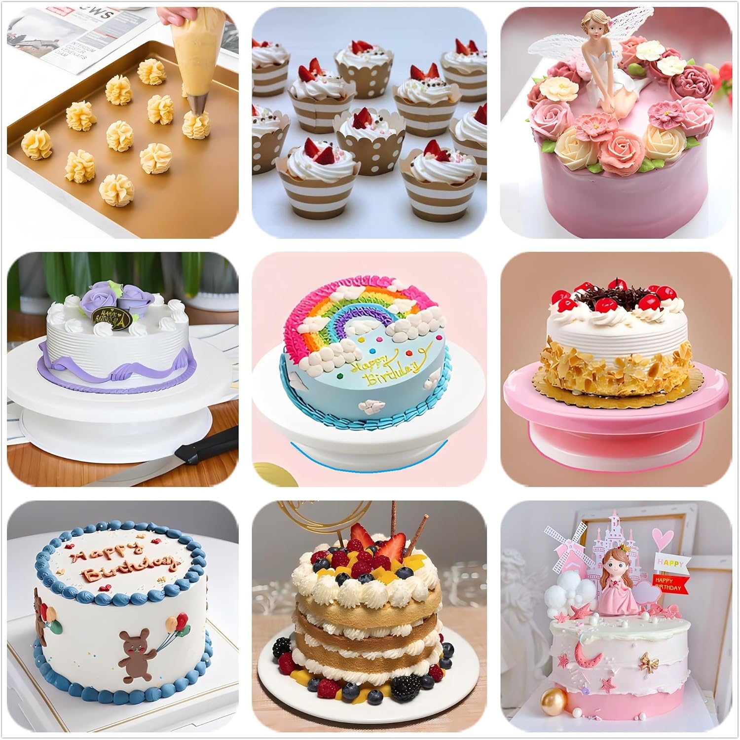 Cake Decorating Kit with Cake Turntable,Cake Leveler,54 Numbered Icing Piping Tips,2 Spatulas,3 Comb Scrapers, Couplers, Bag Ties, Pastry Bags,12 Cupcake Liners