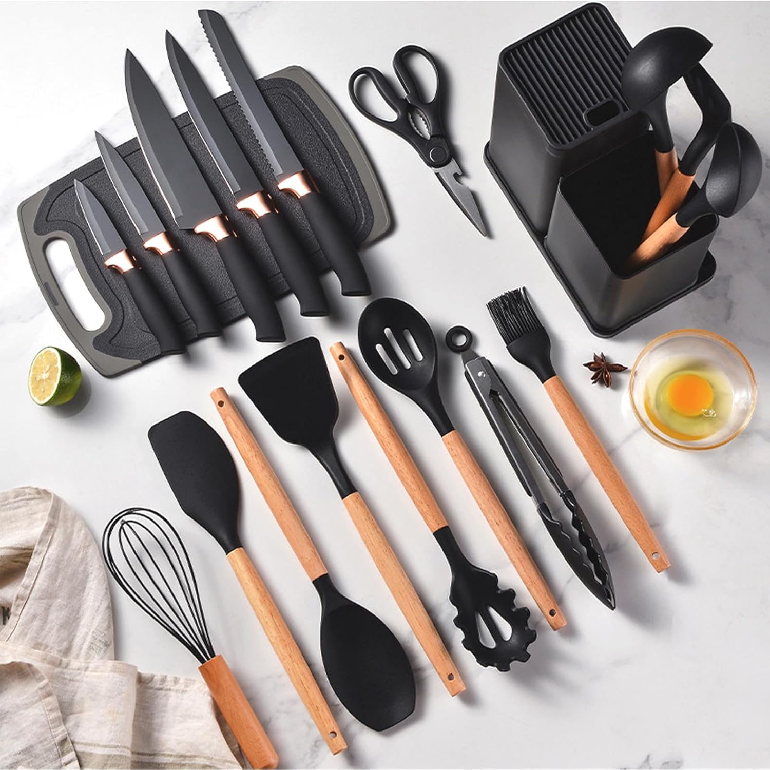 Cooking Utensils Set,19 Kitchen Set Utensils Set with 11 Pieces Spatula Cooking Utensils,Heat Resistant Silicone Utensils 6 Piece Sharp Knife Set 2 Pieces Utensil Cutting Board