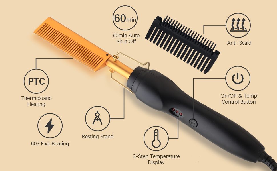 Hot Comb Electric Pressing Comb with Anti-Scald and Ceramic Plates - Versatile Hair Straightener, Curler, and Heated Brush for Beard Styling and Travel