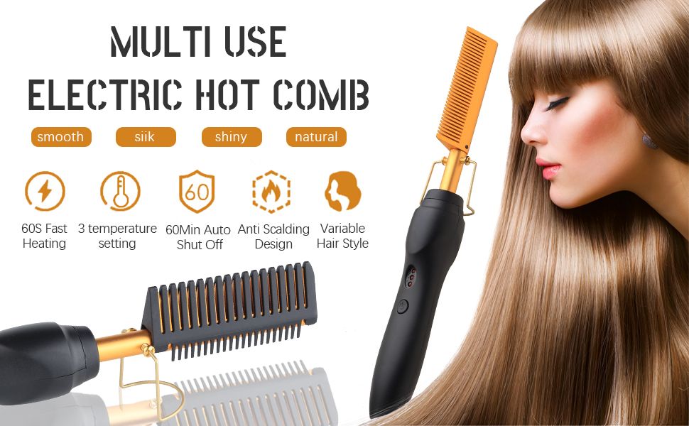Hot Comb Electric Pressing Comb with Anti-Scald and Ceramic Plates - Versatile Hair Straightener, Curler, and Heated Brush for Beard Styling and Travel