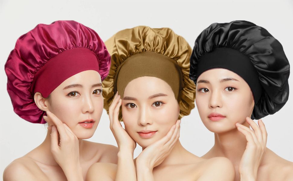 Satin Bonnet, Night Sleep Caps with Wide Elastic Band, Silk Wrap, Soft Head Cover Sleeping Hat for Women and Girls Curly Hair