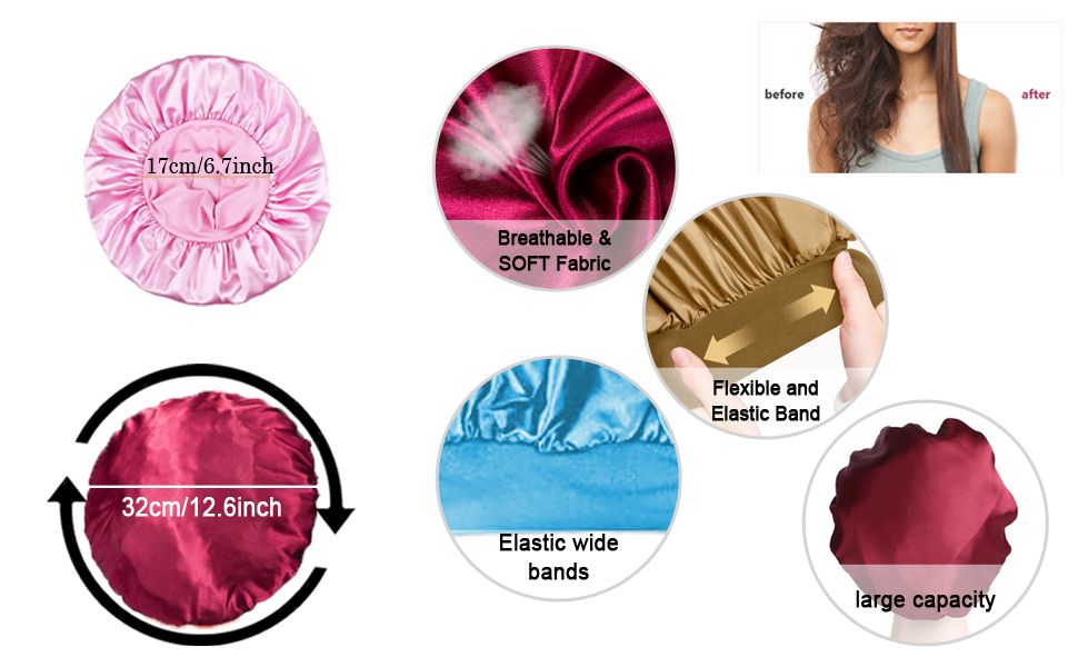 Satin Bonnet, Night Sleep Caps with Wide Elastic Band, Silk Wrap, Soft Head Cover Sleeping Hat for Women and Girls Curly Hair