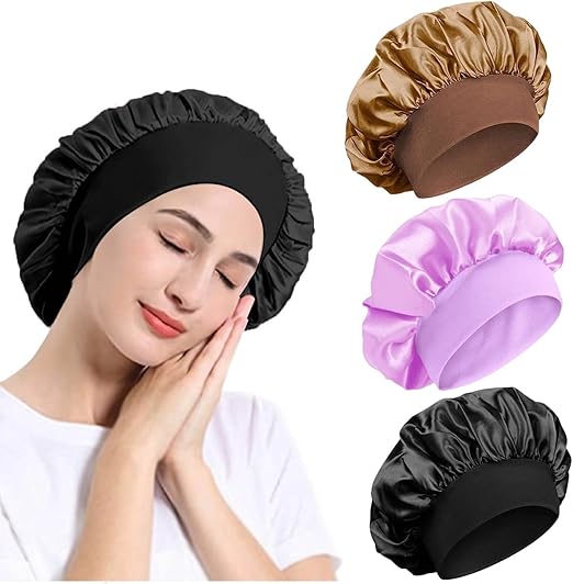 3pcs Satin Bonnet Sleep Caps with Wide Elastic Band for Women and Girls with Curly Hair.