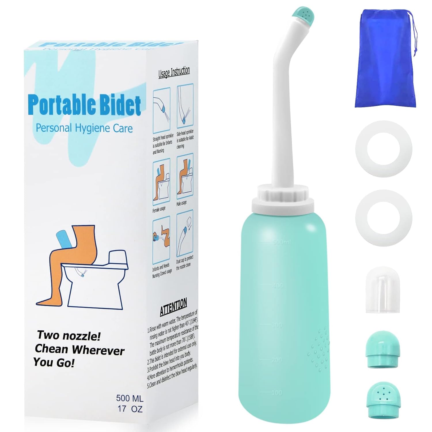 NEW Unisex Portable Travel Bidet with Bag, TPE Material Can Be Boiled, 17oz/500ml with 2 Sealing Rings, Essentials for Postpartum Perineal Care, Hemorrhoid Treatment, and Baby