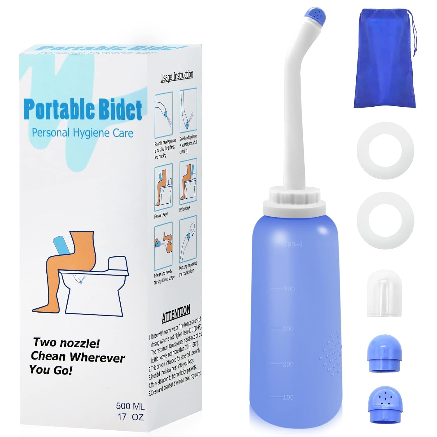 NEW Unisex Portable Travel Bidet with Bag, TPE Material Can Be Boiled, 17oz/500ml with 2 Sealing Rings, Essentials for Postpartum Perineal Care, Hemorrhoid Treatment, and Baby