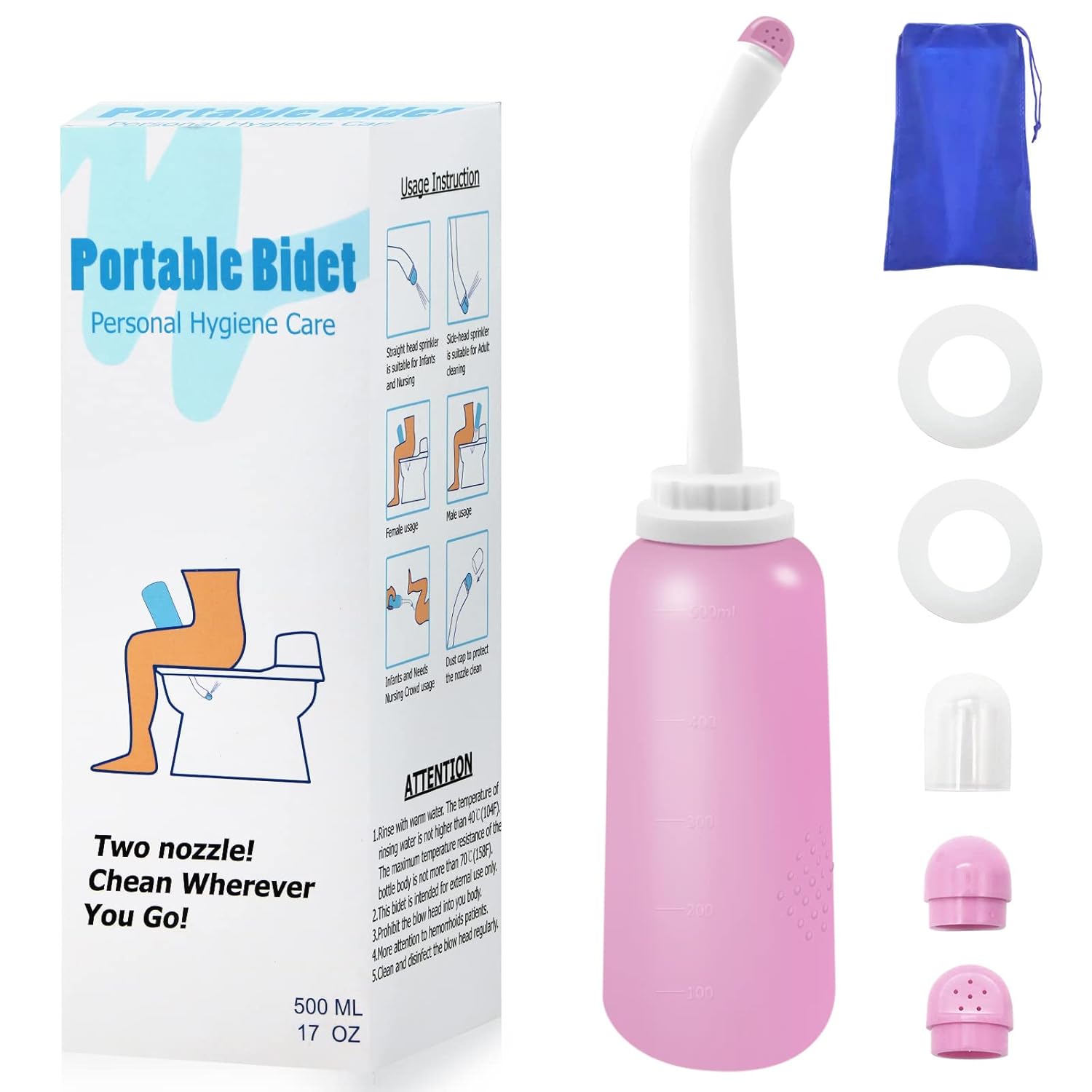 NEW Unisex Portable Travel Bidet with Bag, TPE Material Can Be Boiled, 17oz/500ml with 2 Sealing Rings, Essentials for Postpartum Perineal Care, Hemorrhoid Treatment, and Baby