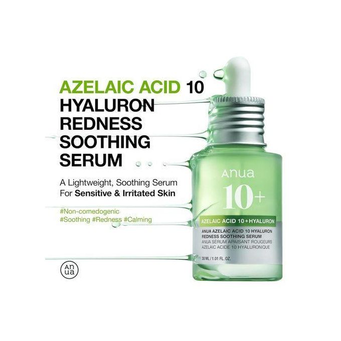 Anua 10+ Azelaic Acid 10 + Hyaluron Serum. Hydrates, Treats & Calms Acne, Rosacea, Soothes Redness & Irritations, Fades Acne Marks, Hyperpigmentations, Spots, Smooths, Soften, Evens Skin Tone & Glows