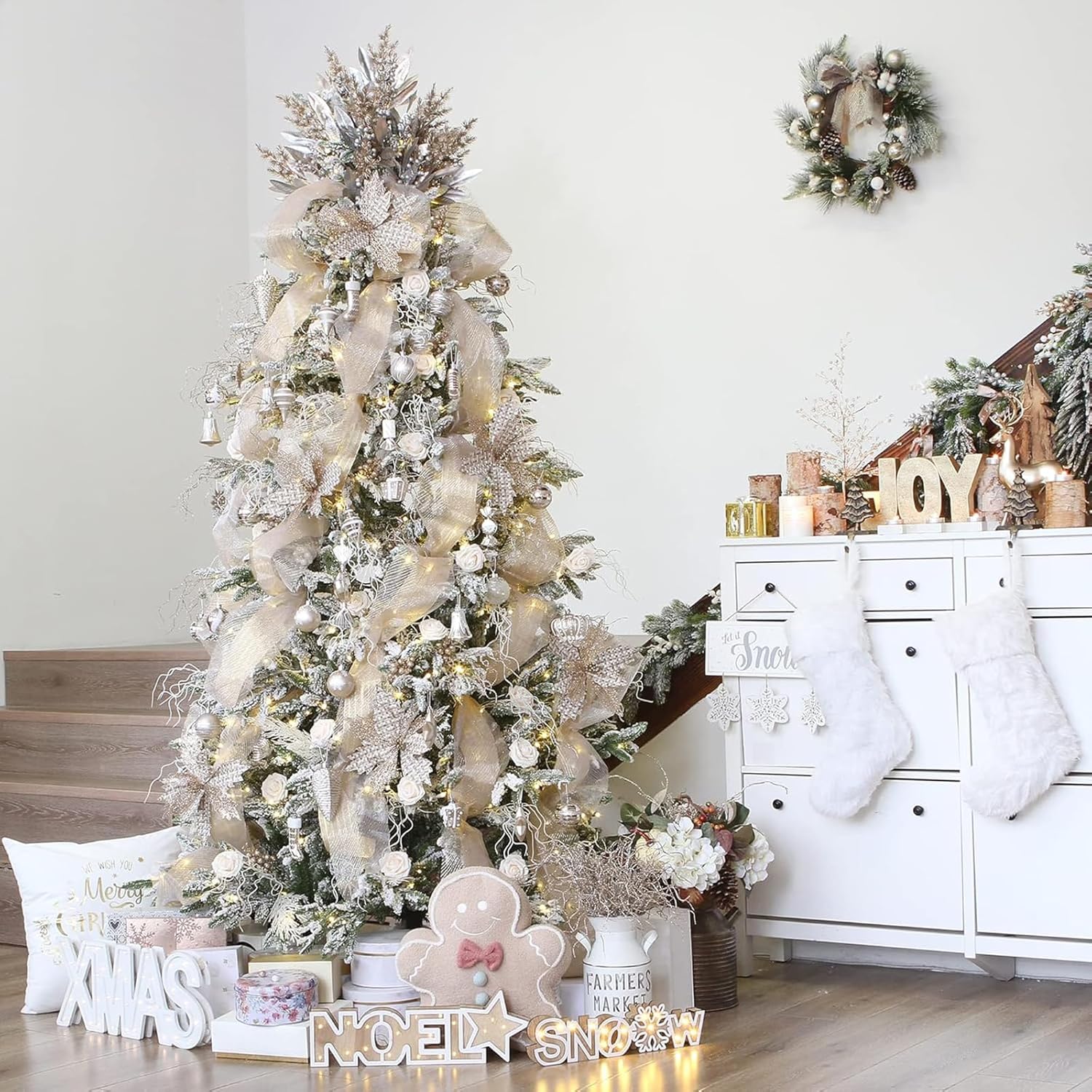 Christmas Mesh Ribbon Deco -Red, Green, White,Border Striped Deco Mesh Wire Ribbon Metallic Foil Rolls for DIY Christmas Wreaths Decorations Wrapping Craft,