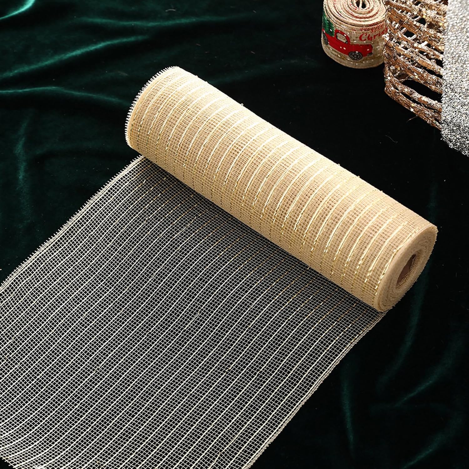 Christmas Mesh Ribbon Deco -Red, Green, White,Border Striped Deco Mesh Wire Ribbon Metallic Foil Rolls for DIY Christmas Wreaths Decorations Wrapping Craft,