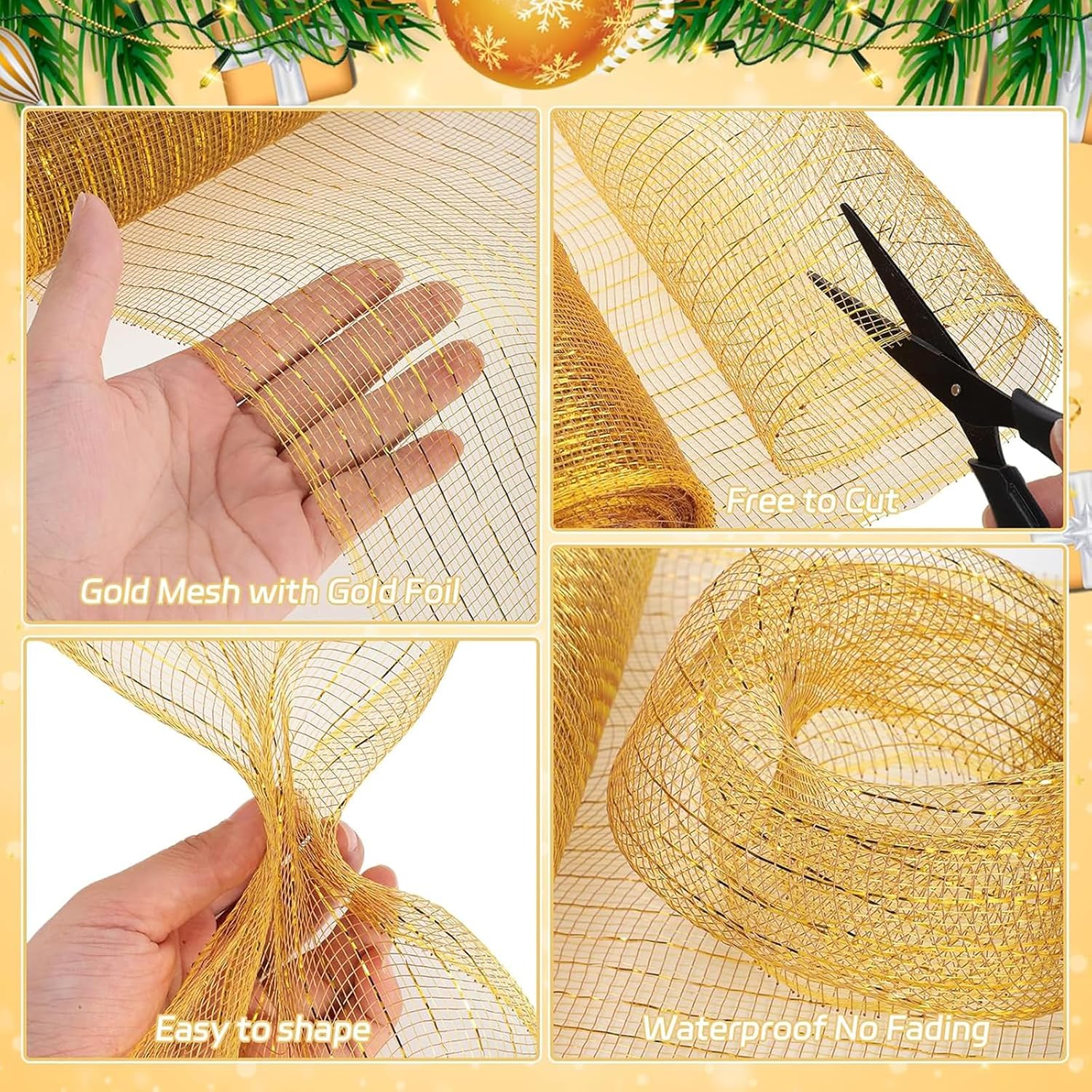 Christmas Mesh Ribbon Deco -Red, Green, White,Border Striped Deco Mesh Wire Ribbon Metallic Foil Rolls for DIY Christmas Wreaths Decorations Wrapping Craft,