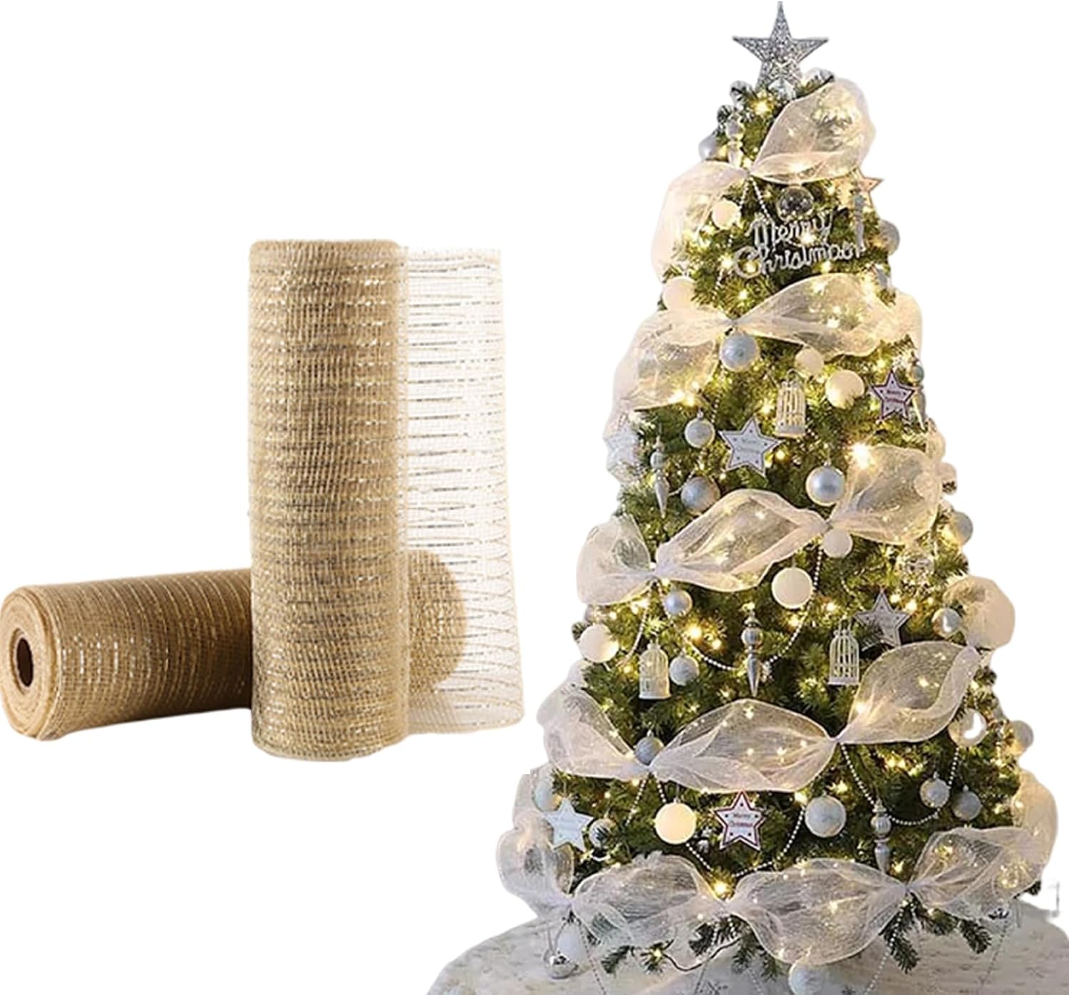 Christmas Mesh Ribbon Deco -Red, Green, White,Border Striped Deco Mesh Wire Ribbon Metallic Foil Rolls for DIY Christmas Wreaths Decorations Wrapping Craft,