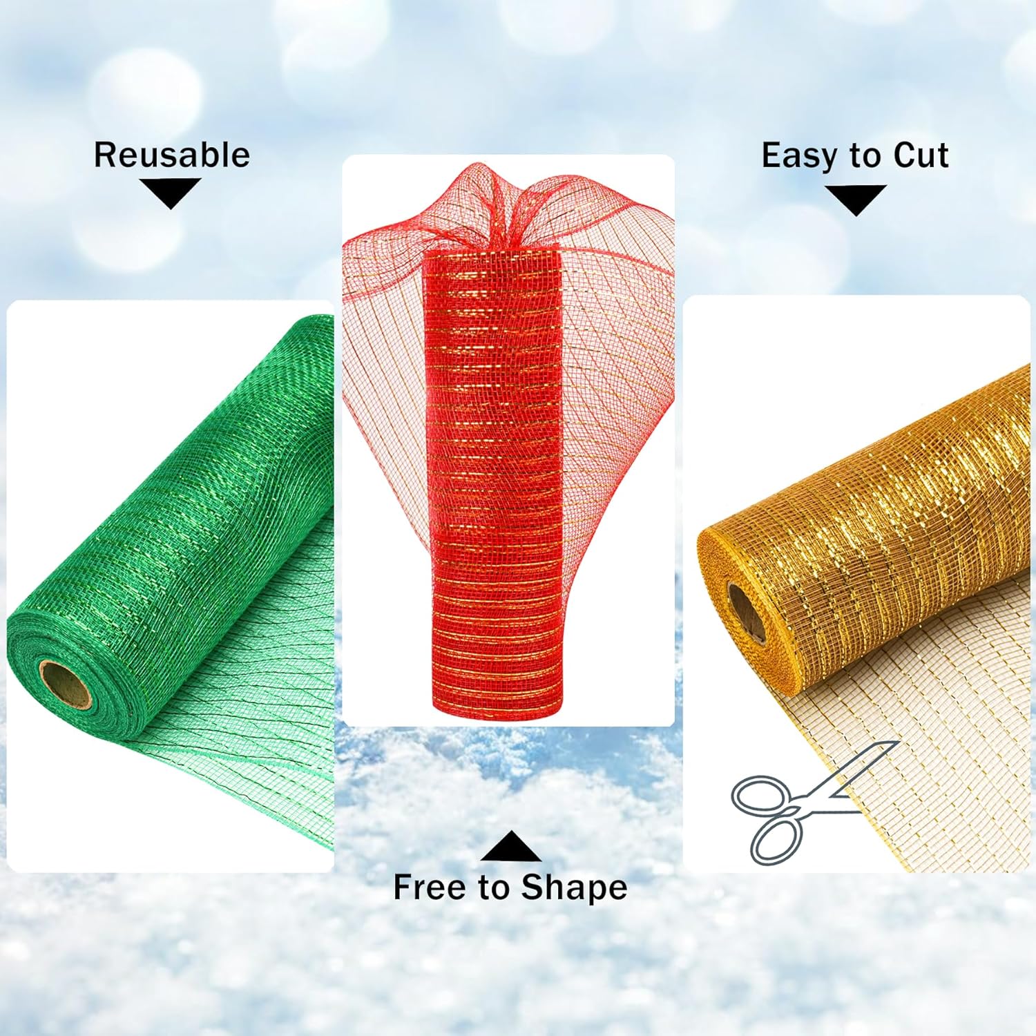 Christmas Mesh Ribbon Deco -Red, Green, White,Border Striped Deco Mesh Wire Ribbon Metallic Foil Rolls for DIY Christmas Wreaths Decorations Wrapping Craft,