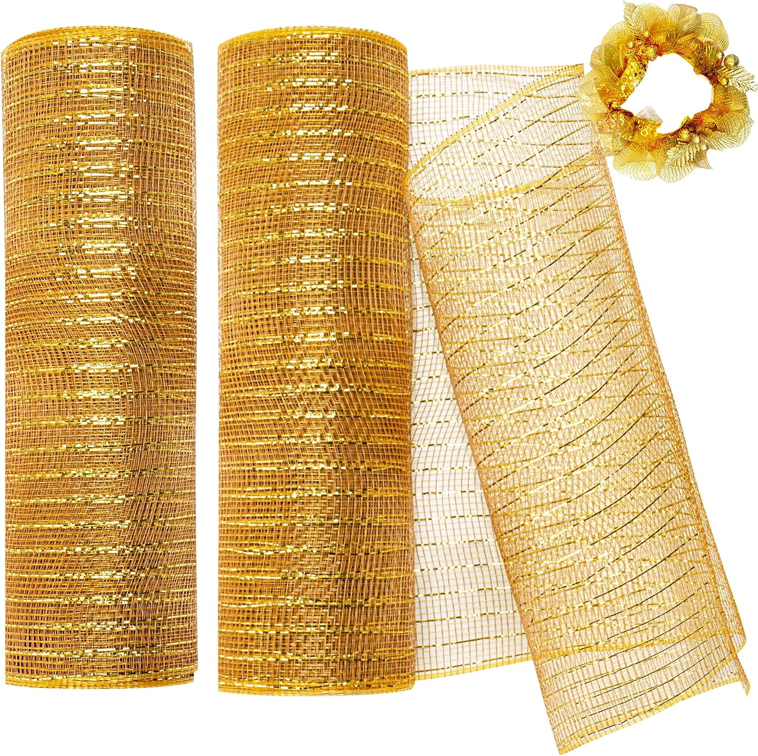 Christmas Mesh Ribbon Deco -Red, Green, White,Border Striped Deco Mesh Wire Ribbon Metallic Foil Rolls for DIY Christmas Wreaths Decorations Wrapping Craft,