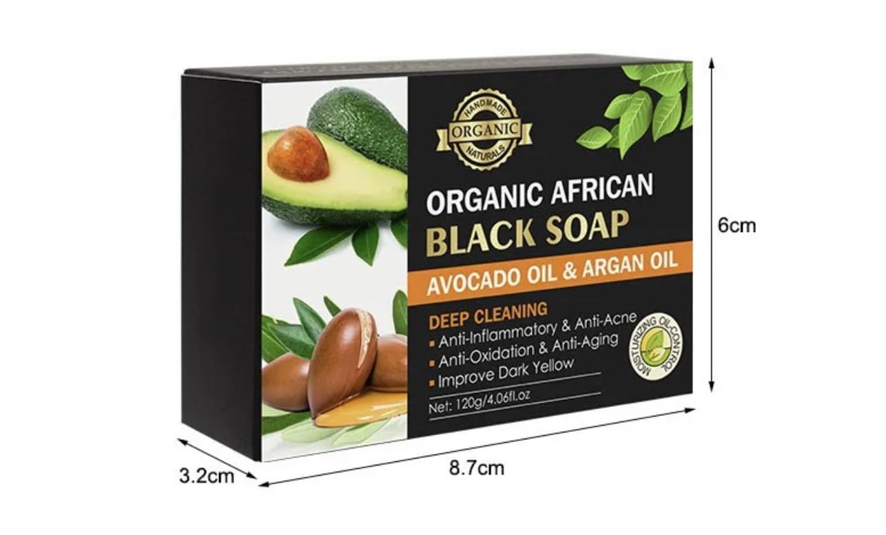 Organic African Black Soap Natural with Avocado & Argan Oil, Moisturizing Exfoliating Smoothing (120g/4.06ft.4 oz)