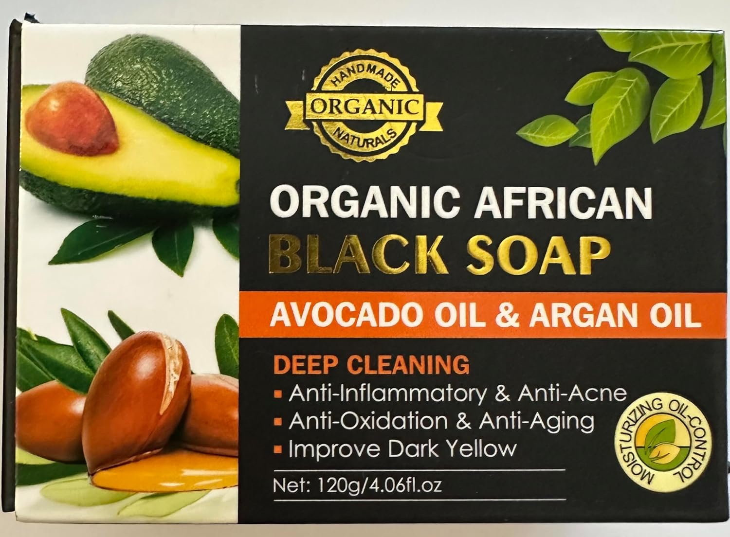 Organic African Black Soap Natural with Avocado & Argan Oil, Moisturizing Exfoliating Smoothing (120g/4.06ft.4 oz)