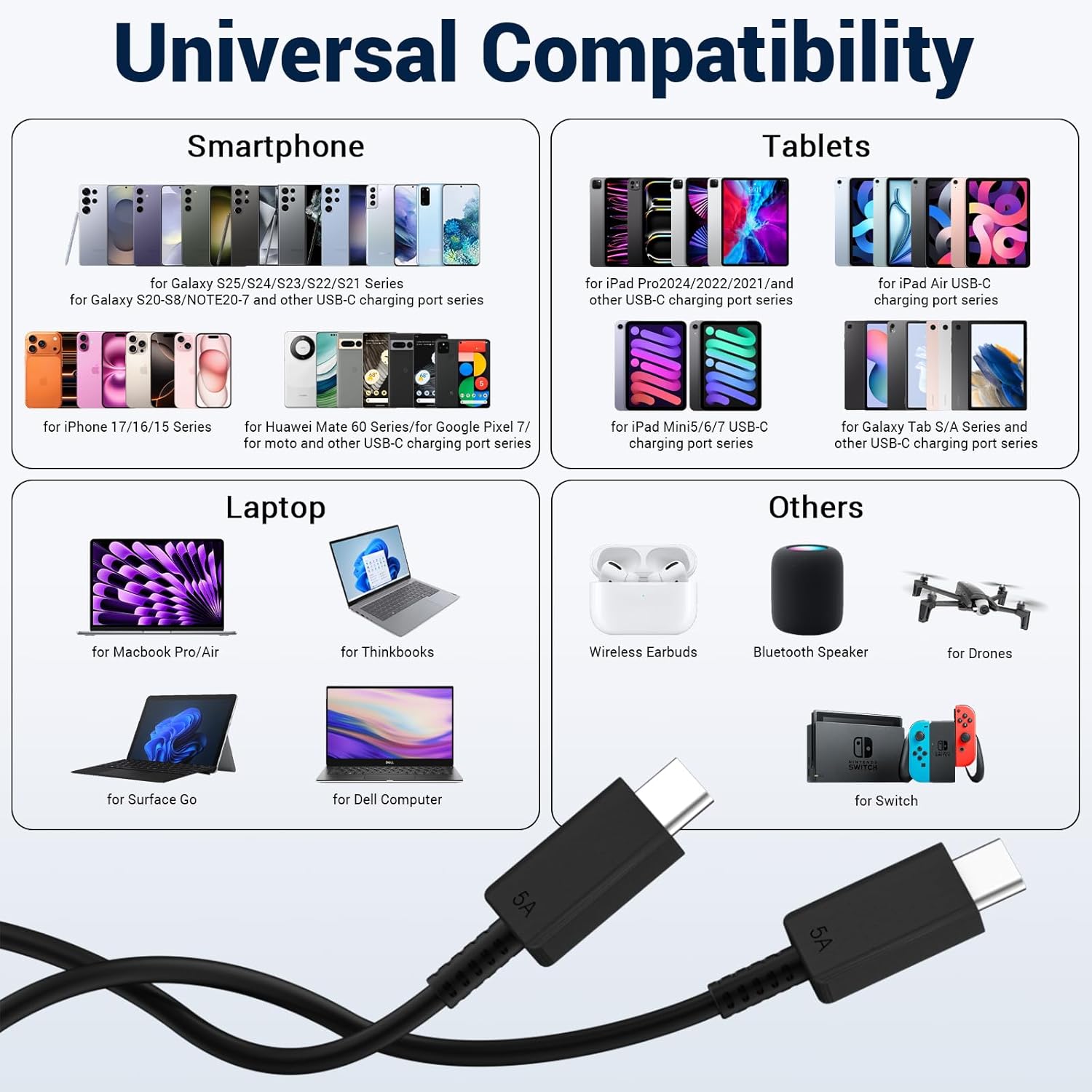 Charger Cables Fast 120W 8A  【Type-C Charging Cables】【Android SAMSUNG Cables for most mobile phones Huawei, Samsung, Transsion, Xiaomi, OPPO, Realm,