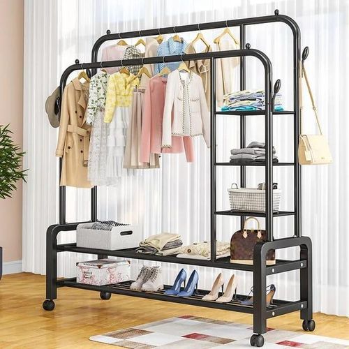 Double Pole Cloth Rack With Lower And Side Storage For Shoe And Boxes. Has Wheels.