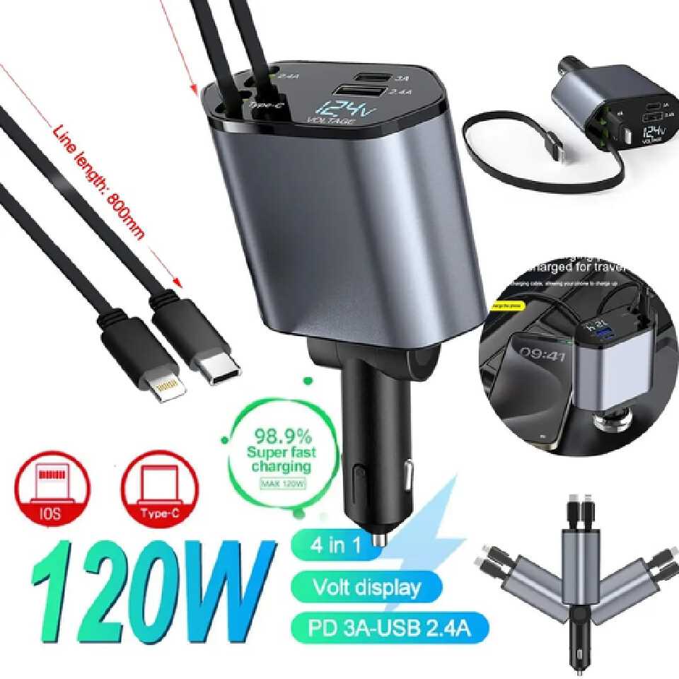 4 in 1 Retractable Super Fast Car Charger with Dual USB ports & LED Display
