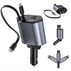 4 in 1 Retractable Super Fast Car Charger with Dual USB ports & LED Display