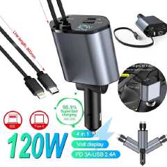 4 in 1 Retractable Super Fast Car Charger with Dual USB ports & LED Display