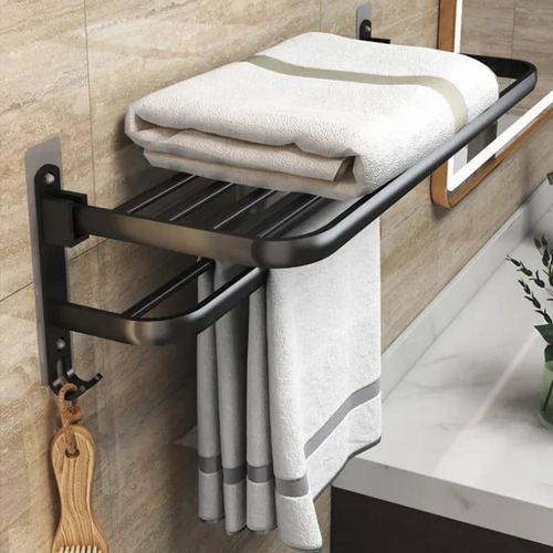 Bathroom wall mounted towel rack accessory with hooks.