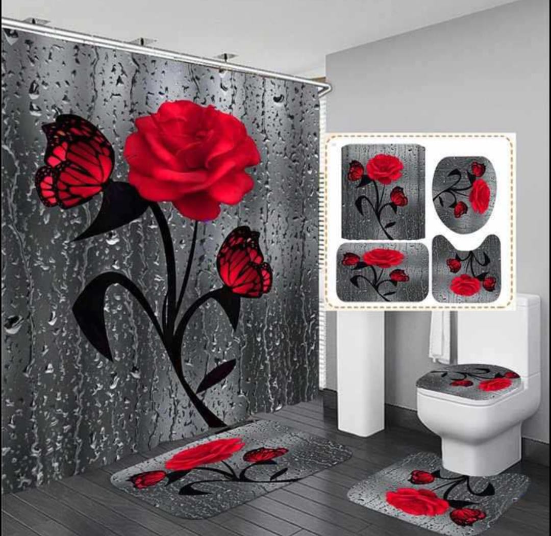 4pcs bathroom set 
Waterproof fabric material
Shower curtain size185*185cm. 
 3pcs toilet set