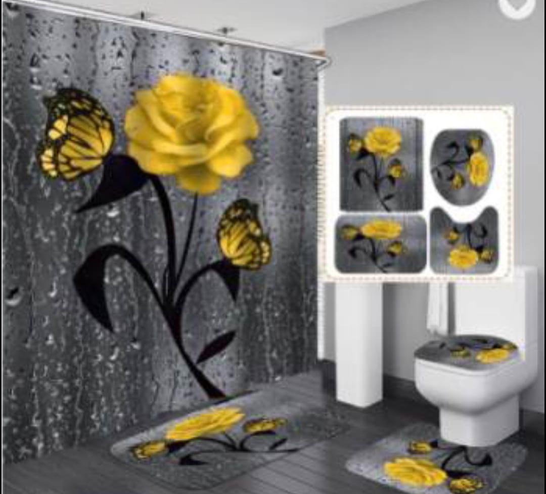 4pcs bathroom set 
Waterproof fabric material
Shower curtain size185*185cm. 
 3pcs toilet set