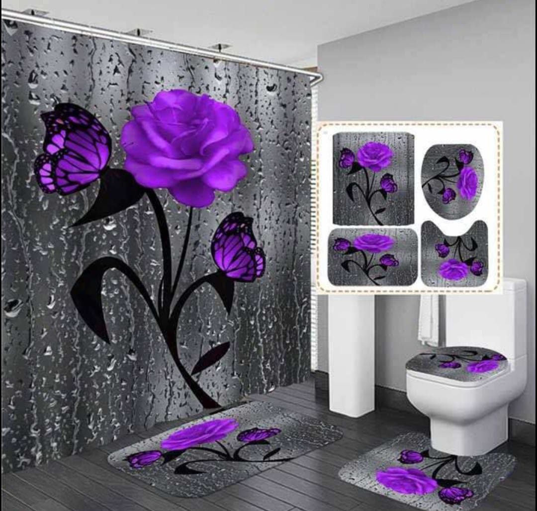 4pcs bathroom set 
Waterproof fabric material
Shower curtain size185*185cm. 
 3pcs toilet set