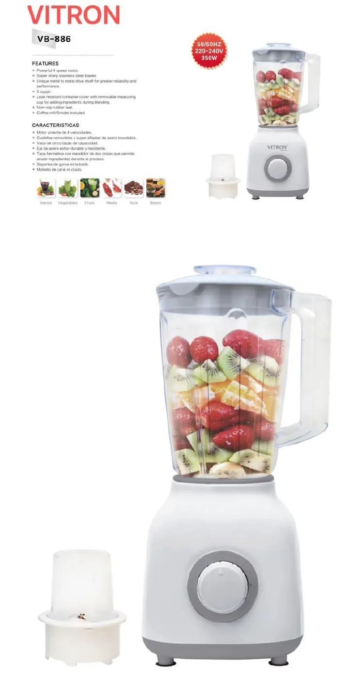 Vitron VB-886 , 2 In 1 blender 350W With 1.5L unbreakable jar powerful 3 speed motor.with coffee/mill grinder