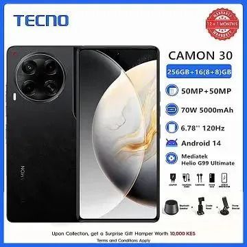 BRAND NEW TECNO CAMON 30, 6.78" 120 Hz AMOLED SCREEN, 256GB + 16(8 + 8GB)RAM MTK HelioG99, 50MP DUAL CAMERA, 70W 5000mAh BATTERY, ANDROID 14
